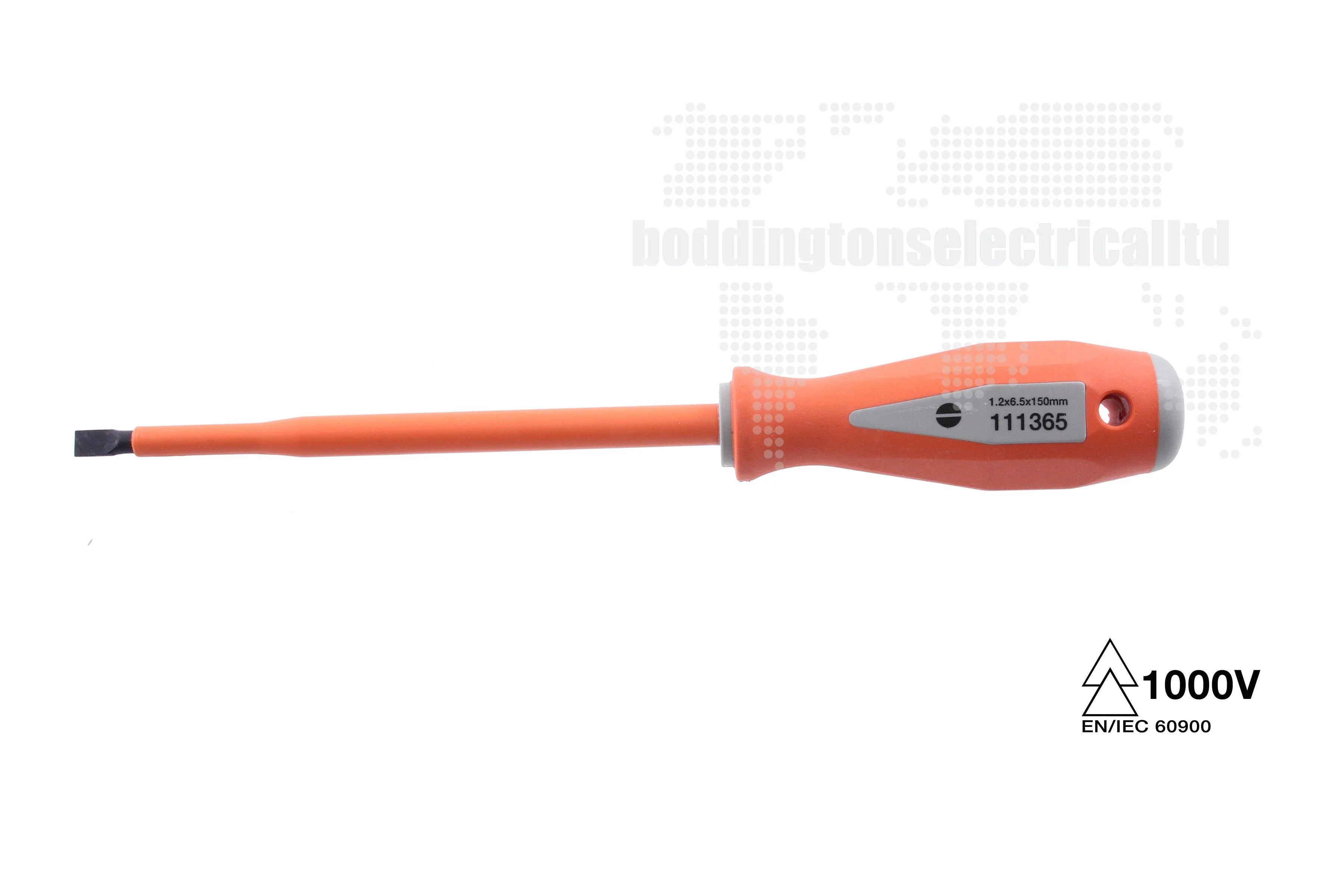 Boddingtons Electrical Insulated Slotted Screwdriver, 6.5mm Tip Length, 1.2 Tip Width, 150mm Blade Length 111365
