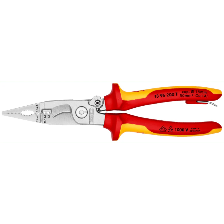 KNIPEX 13 96 200 T BK - Pliers for Electrical Installation insulated with multi-component grips chrome-plated flat jaws 200 mm Ø 15 mm / 50 mm²