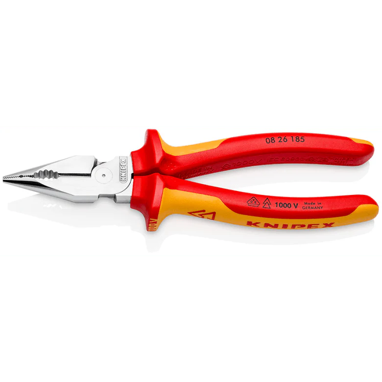 KNIPEX Needle-Nose Combination Pliers insulated with multi-component grips, VDE-tested chrome-plated polished 185 mm cutting edges with bevel - 08 26 185
